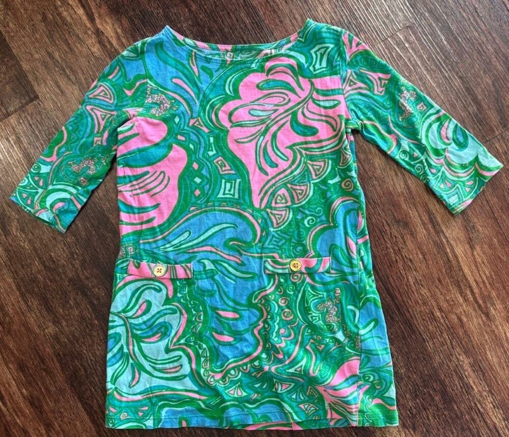 Lilly Pulitzer Girls Cotton 3/4 Sleeve Green Pink Shift Dress Size M 6/7